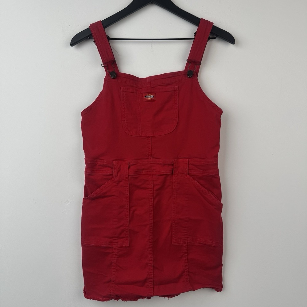 Dickies Overall Dress Women's L Red Bib Carpenter Utility Workwear Raw Hem USA